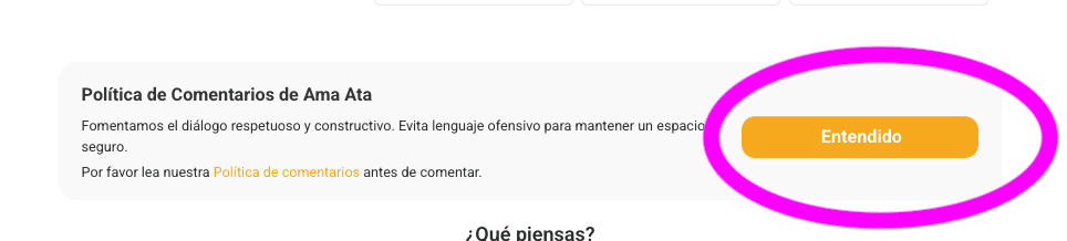 Mensaje informativo sobre la política de comentarios en Ama Ata.