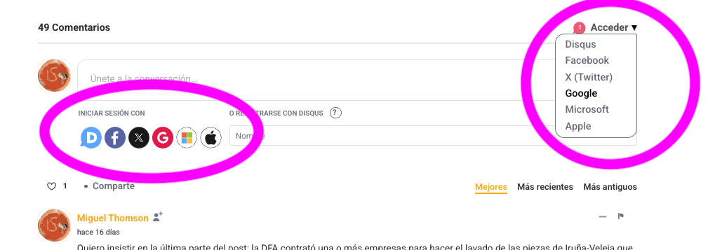 Opciones para iniciar sesión en Disqus desde Ama Ata.