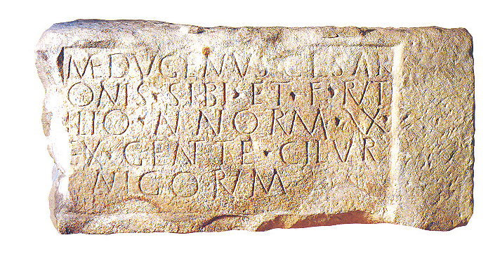 Inscripción romana en piedra con texto alusivo a MEDVGIMVS, procedente de la base de datos Epigraphik-Datenbank Clauss / Slaby (EDCS).