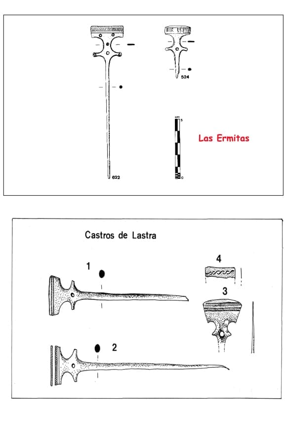 Comparativa de alfileres de cabeza trapezoidal de época romana altoimperial hallados en Las Ermitas (Espejo, Álava) y en Los Castros de Lastra (Caranca-Álava).